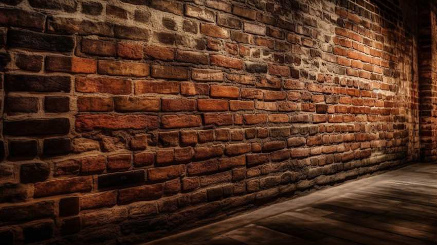 A brick wall with a worn out texture and a white spot on the bottom.