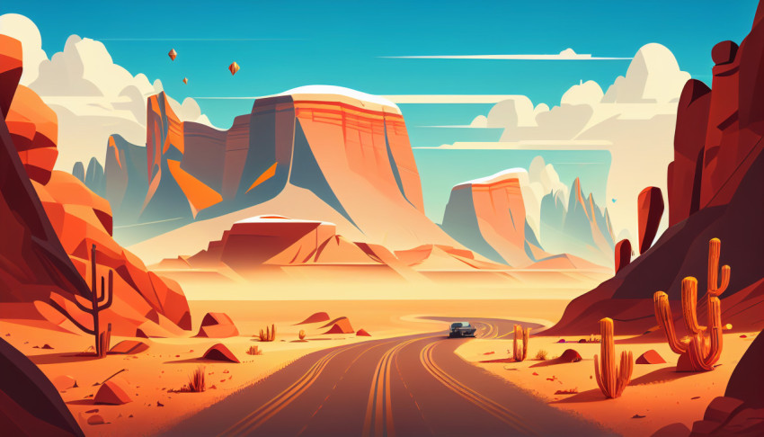 Digital painting of a landscape with pink trees and the sun shining on horizon with generative ai