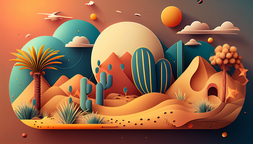Colorful Cartoon Illustration of Rocky Mountain Desert Generative AI Illustration