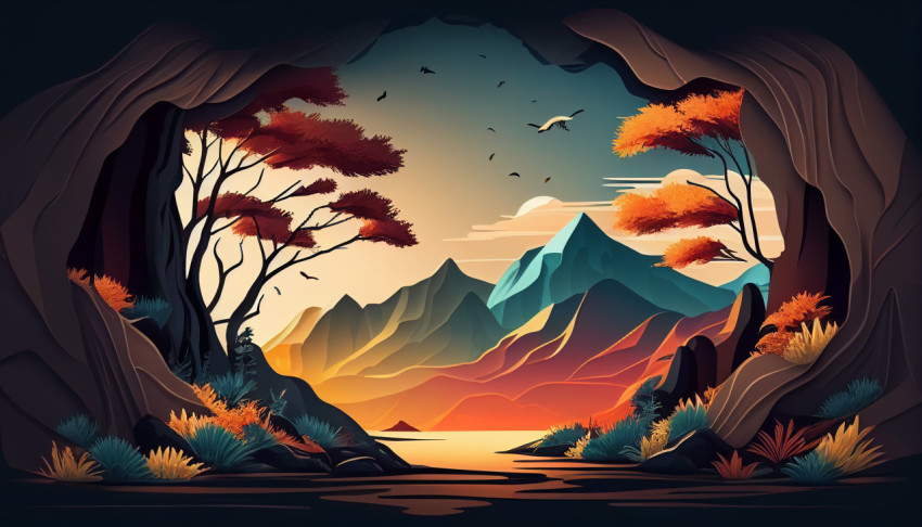 Digital painting of a landscape with pink trees and the sun shining on horizon with generative ai