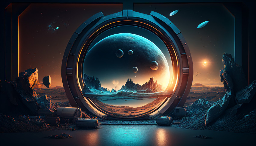 A giant planet with a ship in the background